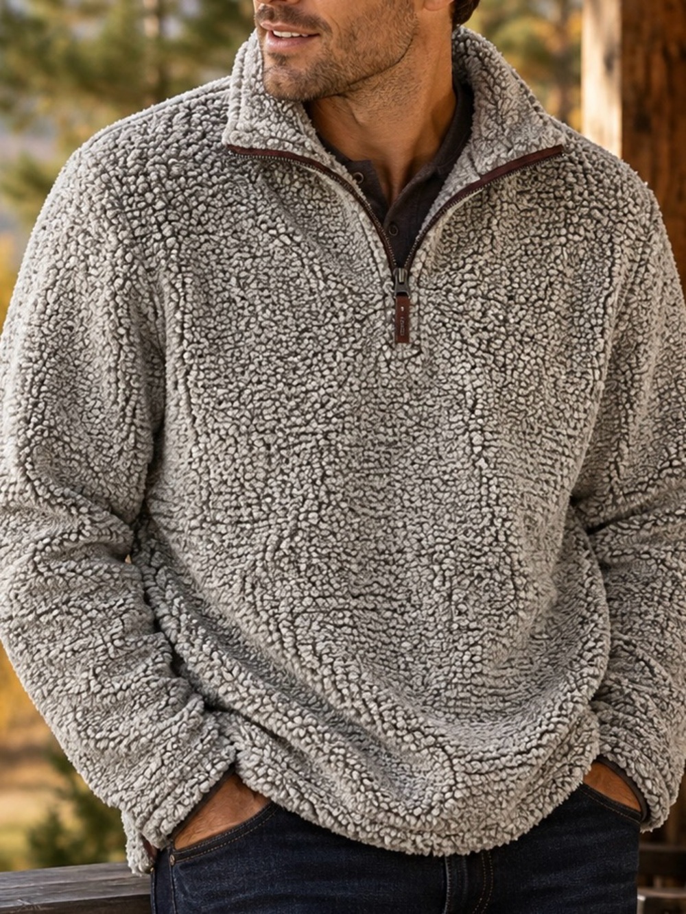 True Grit Men’s Large Sherpa Fleece 1/4 Zip Pullover Charcoal Gray